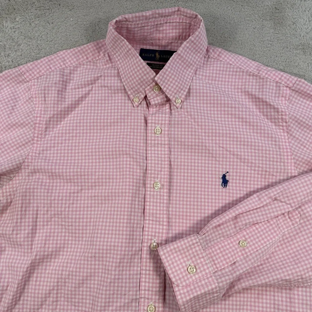 Polo Ralph Lauren Shirt Mens Medium Pink Gingham Classic Fit Cotton Stretch Pony